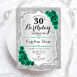 Green Silver Elegant Floral 30th Birthday Invitation<br><div class="desc">30th Birthday Party Invitation. Elegant floral emerald green design with roses. Features faux glitter silver stripes and script font. Perfect for a stylish womens bday celebration. Can be customised for any age! Printed Zazzle invitations or instant download digital printable template.</div>