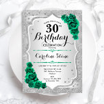 Green Silver Elegant Floral 30th Birthday Invitation<br><div class="desc">30th Birthday Party Invitation. Elegant floral emerald green design with roses. Features faux glitter silver stripes and script font. Perfect for a stylish womens bday celebration. Can be customized for any age! Printed Zazzle invitations or instant download digital printable template.</div>