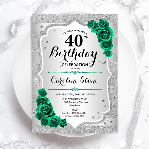 Green Silver Elegant Floral 40th Birthday Invitation