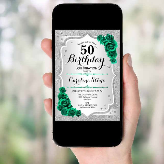 Green Silver Elegant Floral 50th Birthday Invitation (Front Digital)