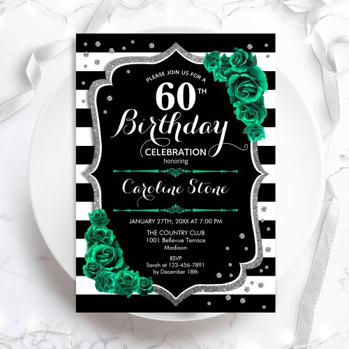Green Silver Elegant Floral 60th Birthday Invitation