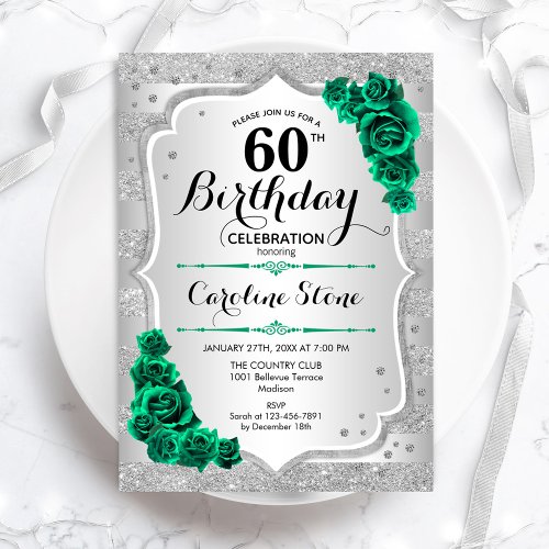 Green Silver Elegant Floral 60th Birthday Invitation