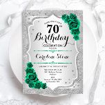 Green Silver Elegant Floral 70th Birthday Invitation<br><div class="desc">70th Birthday Party Invitation. Elegant floral emerald green design with roses. Features faux glitter silver stripes and script font. Perfect for a stylish womens bday celebration. Can be customized for any age! Printed Zazzle invitations or instant download digital printable template.</div>