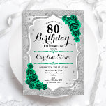 Green Silver Elegant Floral 80th Birthday Invitation<br><div class="desc">80th Birthday Party Invitation. Elegant floral emerald green design with roses. Features faux glitter silver stripes and script font. Perfect for a stylish womens bday celebration. Can be customised for any age! Printed Zazzle invitations or instant download digital printable template.</div>