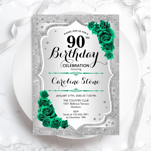 Green Silver Elegant Floral 90th Birthday Invitation
