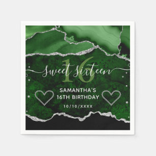 Green & Silver Faux Glitter Agate Marble Sweet 16 Napkins