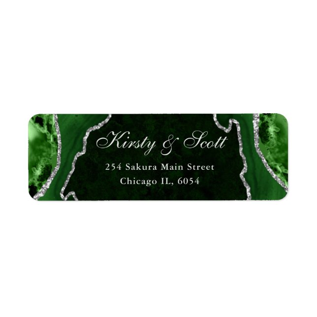 Green & Silver Faux Glitter Agate Wedding address Label (Front)