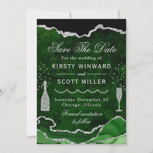 Green  Silver Faux Glitter Marble Agate Wedding Save The Date