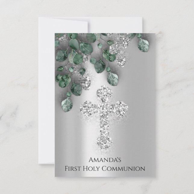 Green Silver First Holy Communion Christian Cross Invitation (Back)