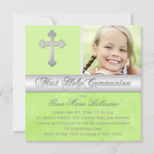 Green Silver First Holy Communion Photo Invitation