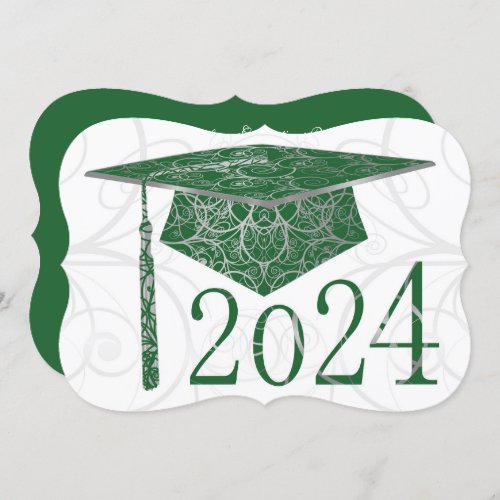 Green  Silver Floral Cap 2024 Graduation Party Invitation