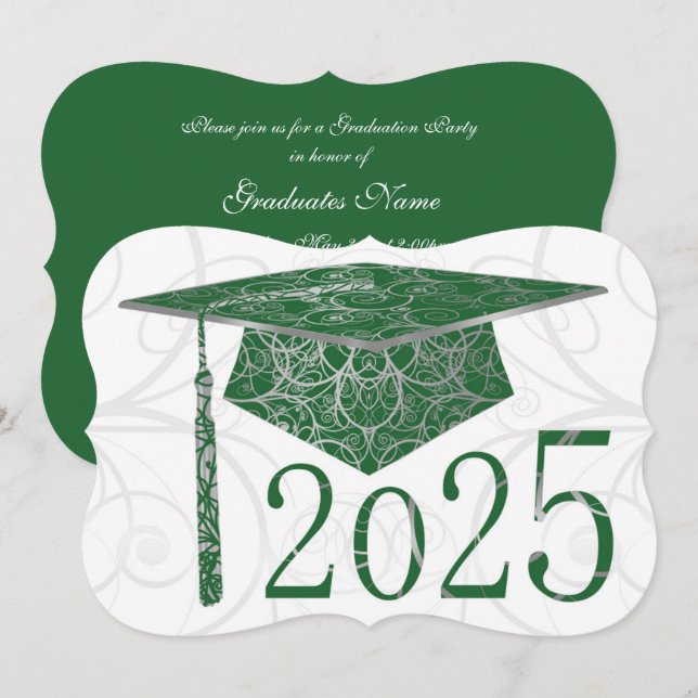 Green & Silver Floral Cap 2025 Graduation Party Invitation (Front/Back)