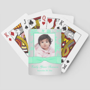 Green, Silver Floral Photo Playing Cards