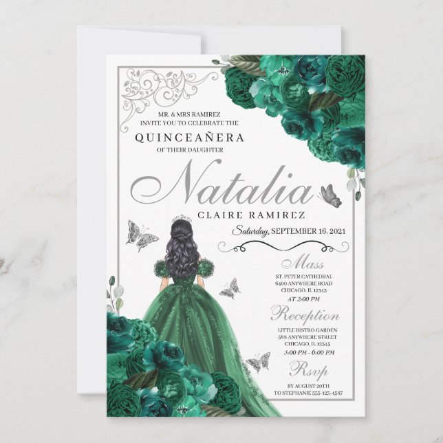 Green & Silver Floral Princess Dress Quinceanera Invitation (Front)