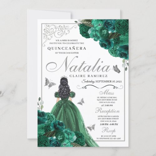 Green  Silver Floral Princess Dress Quinceanera Invitation