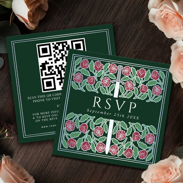 Green Silver Floral Royal Wedding RSVP QR Code  Enclosure Card (Creator Uploaded)