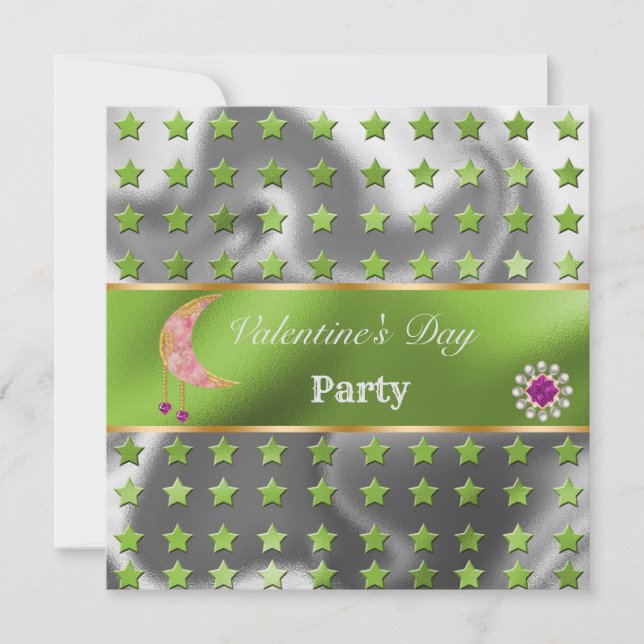Green Silver Foil Gold Glitter Pink Moon Valentine Invitation (Front)