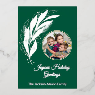Green Silver Foil Watercolor Leaf Photo Christmas Holiday Card