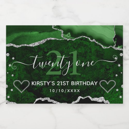 Green  Silver Glitter Agate Marble 21st Birthday Sparkling Wine Label