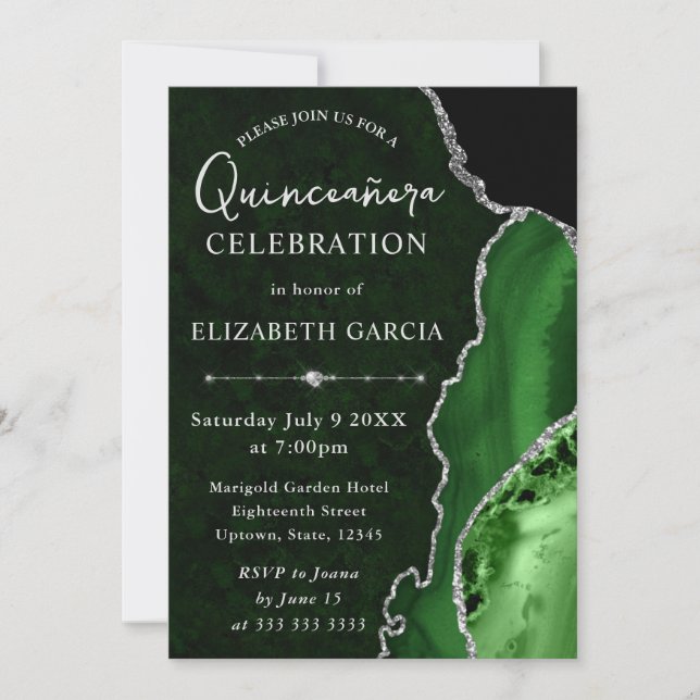 Green & Silver Glitter Agate Quinceanera Invitation (Front)