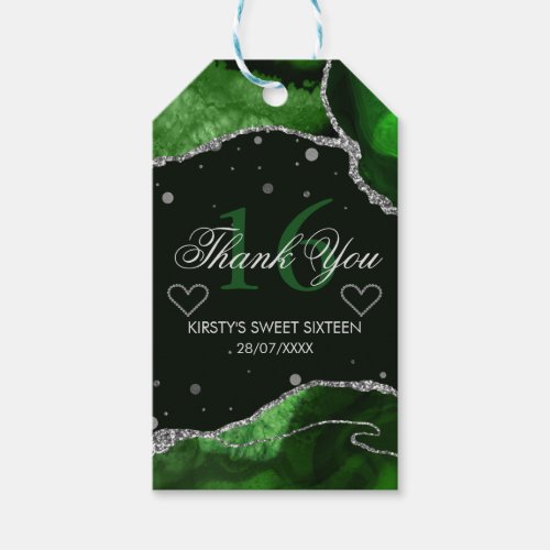 Green  Silver Glitter Agate Sweet 16 Thank You Gift Tags