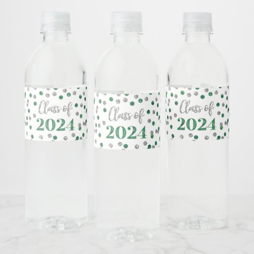 Green Silver Glitter Confetti Graduation Water Bottle Label