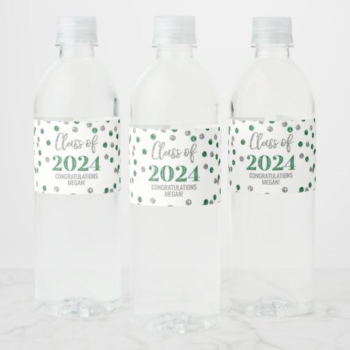 Green Silver Glitter Confetti Graduation Water Bottle Label