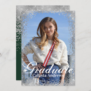 Green Silver Glitter Confetti Photo Graduation Invitation