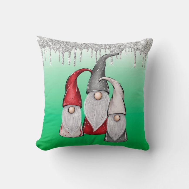 Green Silver Glitter Dripping Gnomes Christmas Throw Pillow (Front)