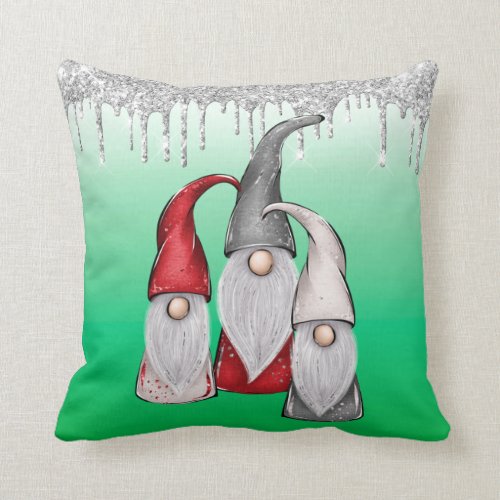 Green Silver Glitter Dripping Gnomes Christmas Throw Pillow