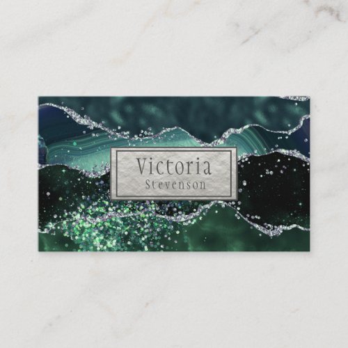 Green Silver Glitter Marble Geode Agate Business Card