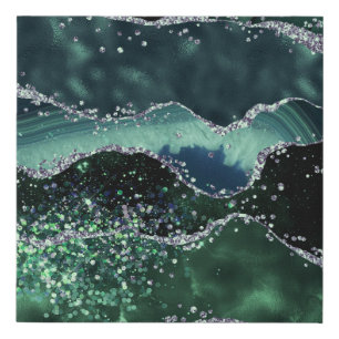 Green Silver Glitter Marble Geode Agate Faux Canvas Print