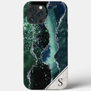 Green Silver Glitter Marble Geode Agate Monogram iPhone 13 Pro Max Case