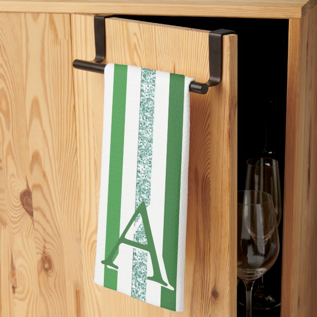 Green Silver Glitter Striped Initial Modern Trendy Kitchen Towel (Thirds Fold)