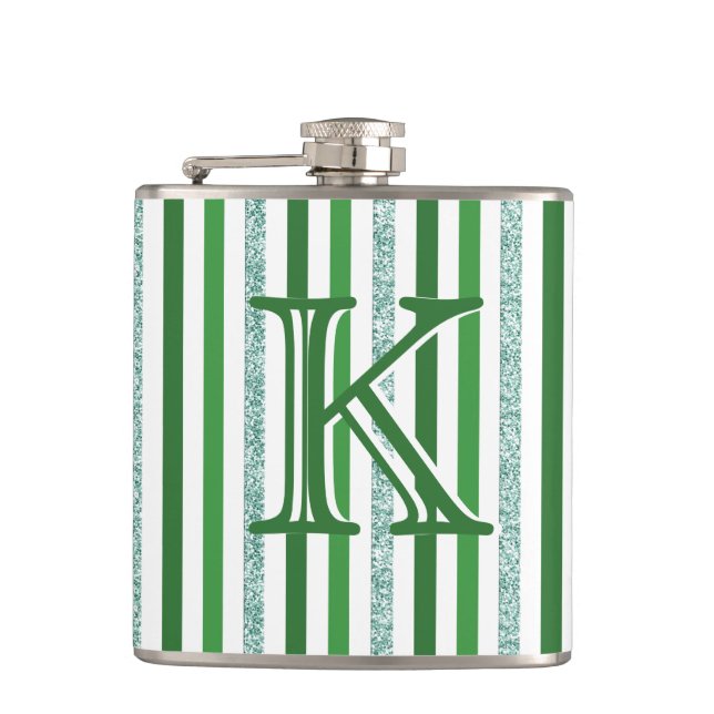 Green Silver Glitter Stripes Monogrammed Custom Flask (Front)