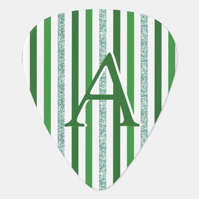 Green Silver Glitter Stripes Monogrammed Custom Guitar Pick (Front)