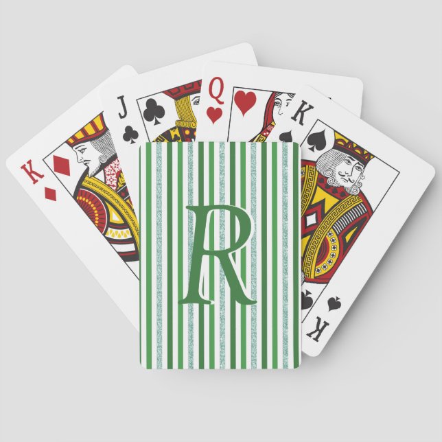 Green Silver Glitter Stripes Monogrammed Custom Poker Cards (Back)