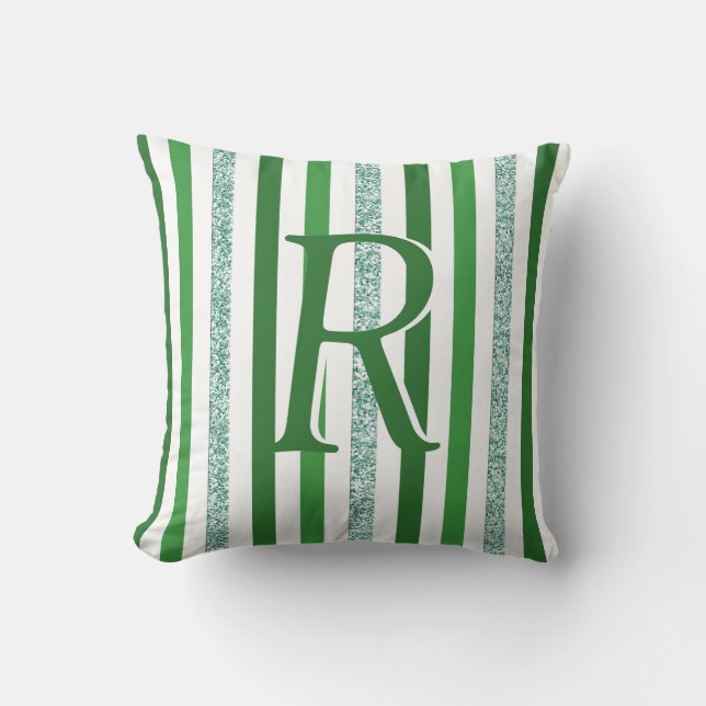 Green Silver Glitter Stripes Monogrammed Custom Throw Pillow (Front)