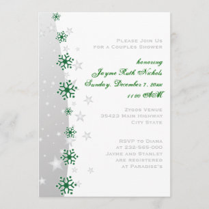 Green silver grey snowflake wedding couples shower invitation