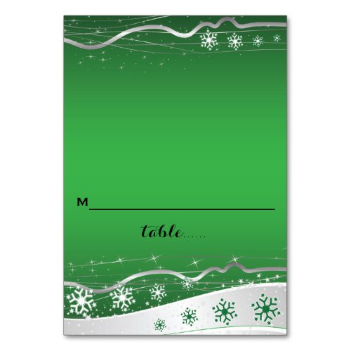 Green silver grey snowflake wedding place card