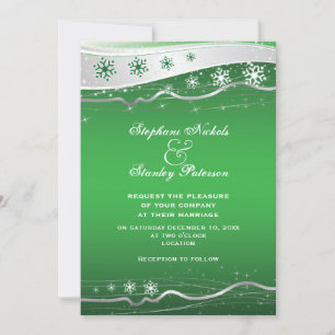 Green, silver grey snowflake winter wedding invitation