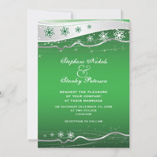 Green silver grey snowflake winter wedding invitation