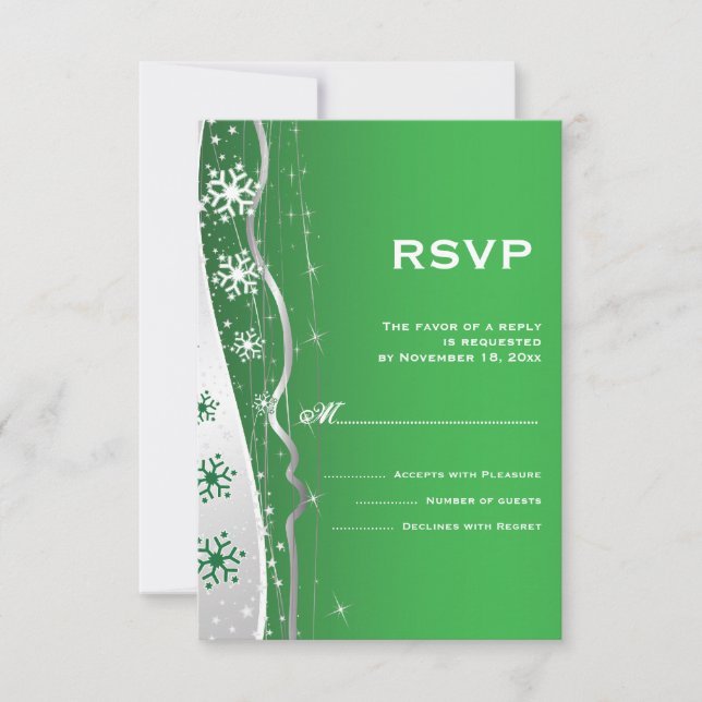 Green, silver grey snowflake winter wedding RSVP (Front)