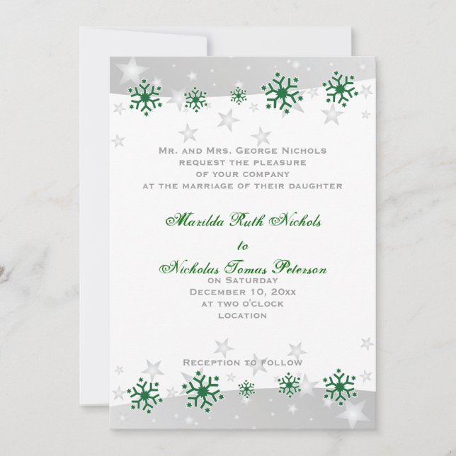 Green, silver grey white snowflake wedding invitation (Front)