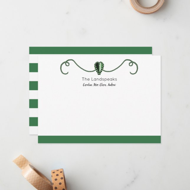 Green, Silver Heart Shapes & Classic Stripes  Note Card (Front/Back In Situ)