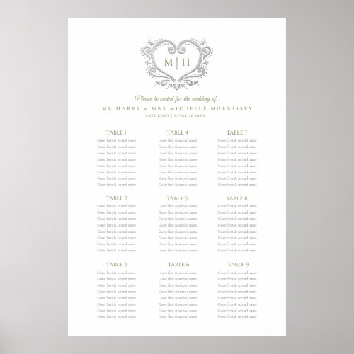 Green silver heart wreath wedding seating chart