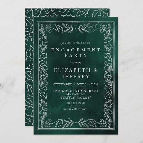 Green Silver Holly Christmas Engagement Party  Invitation