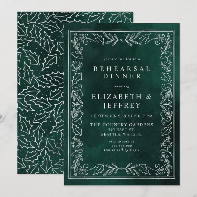 Green Silver Holly Christmas Rehearsal Dinner Invitation (Front/Back)