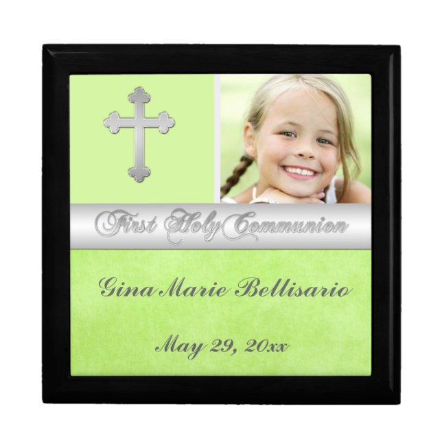 Green, Silver Holy Communion Keepsake Jewelry Box (Front)