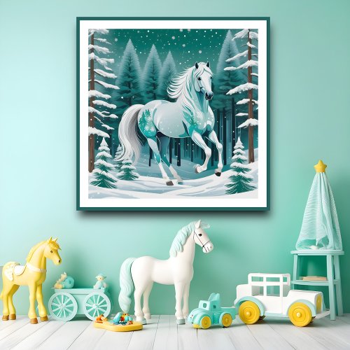 Green Silver Horse in Enchanted Forest  Poster